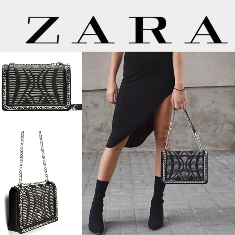 Zara Black Leather Crossbody Bag With Silver Chains NWT